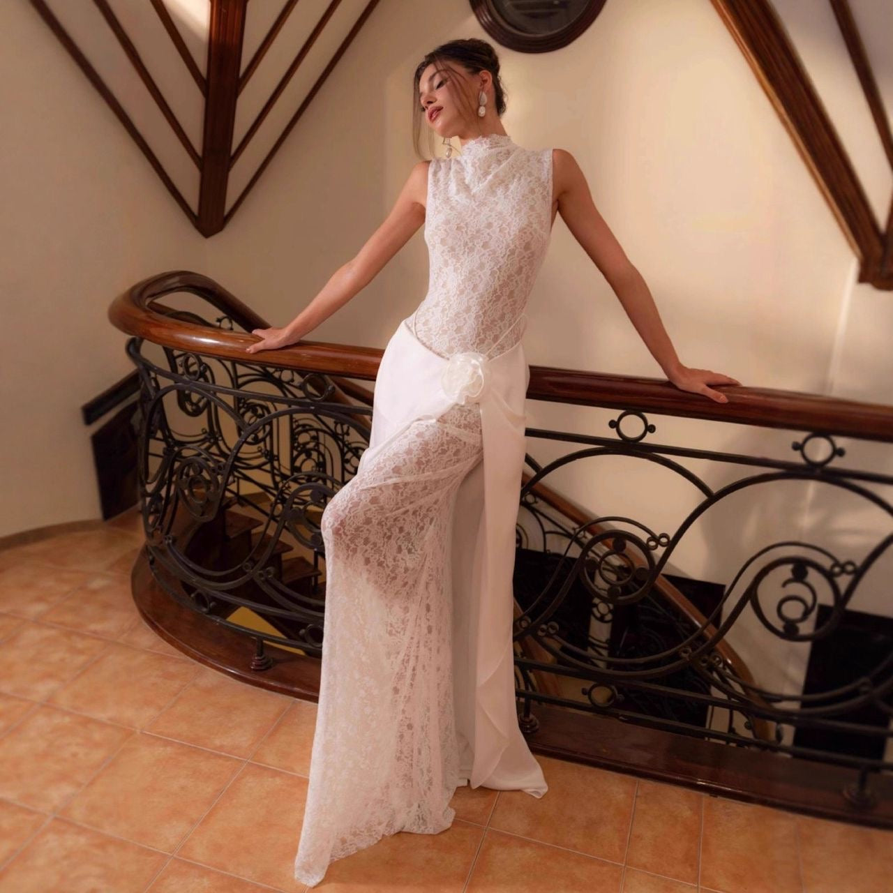 Ivory Lace Maxi Dress with Draped Overlay