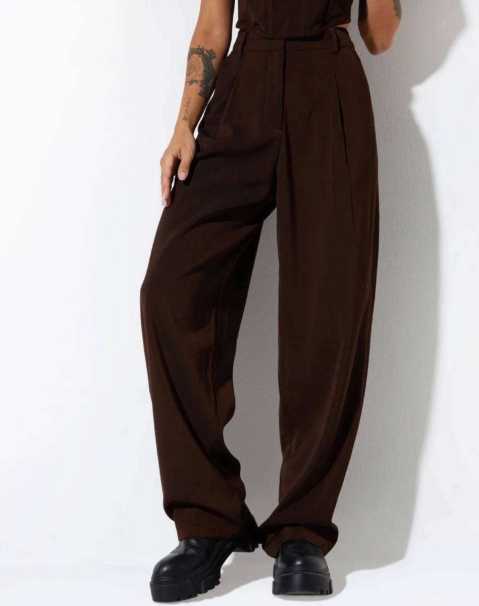 Chocolate Brown Wide Leg Trousers – High Waisted Tailored Pants