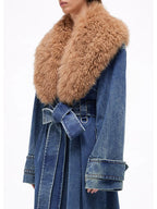 Women’s Long Denim Coat with Oversized Faux Fur Collar – Luxe 2025 Outerwear
