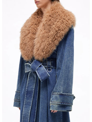 Women’s Long Denim Coat with Oversized Faux Fur Collar – Luxe 2025 Outerwear