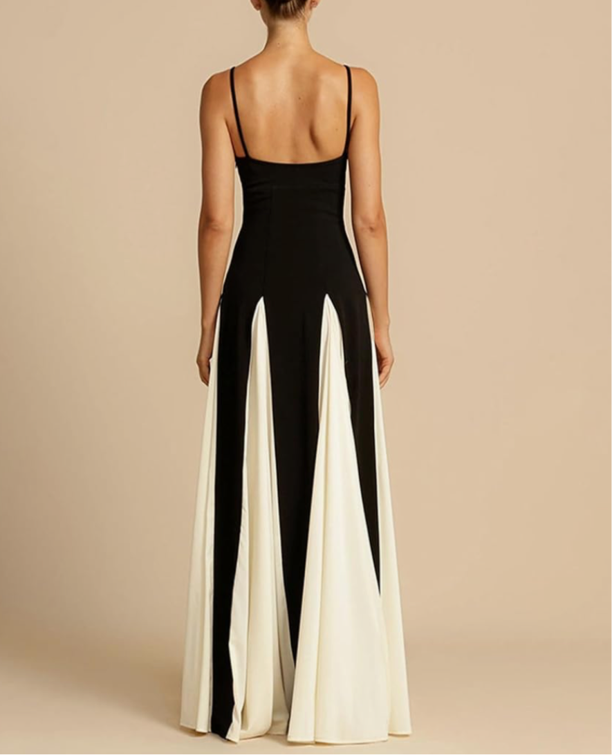 Peach Motel | Black & White Panel Maxi Dress – Elegant Formal Evening Gown