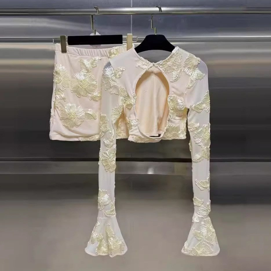 Cream Floral Appliqué Crop Top & Mini Skirt Set – Peach Motel