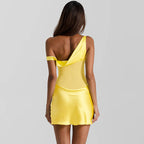 Yellow Satin Off-Shoulder Mini Dress – Summer Party & Cocktail Outfit