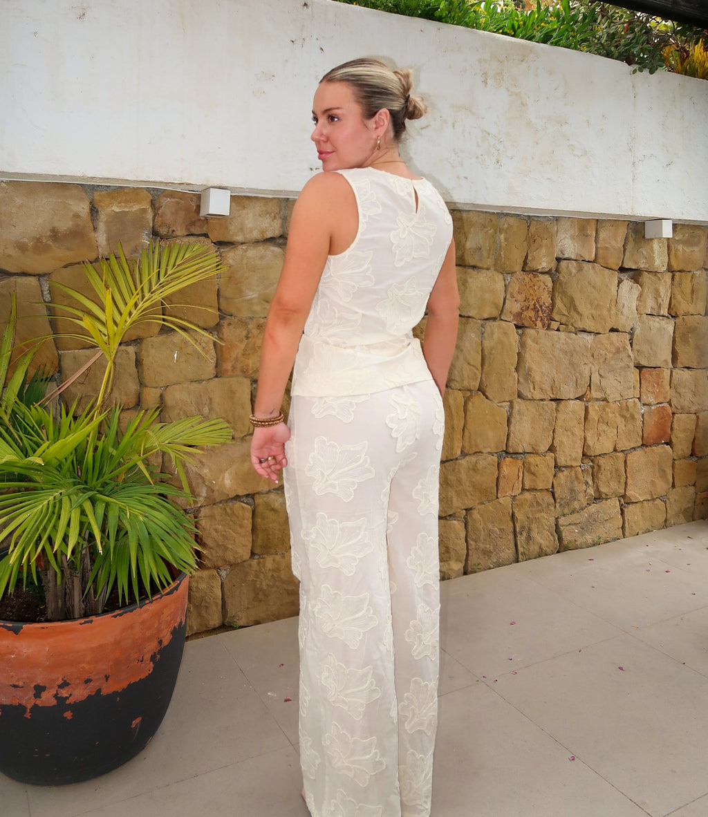 Ivory Embroidered Two Piece Set – Sleeveless Top & Wide Leg Pants Matching Set