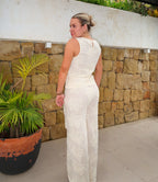 Ivory Embroidered Two Piece Set – Sleeveless Top & Wide Leg Pants Matching Set
