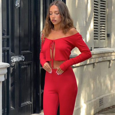 Red Two-Piece Set – Tie-Front Crop Top & High-Waist Capri Pants