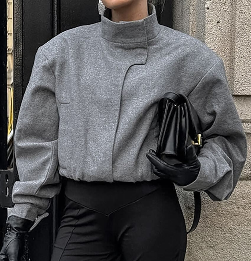 Structured Wool Stand Collar Jacket – Gray