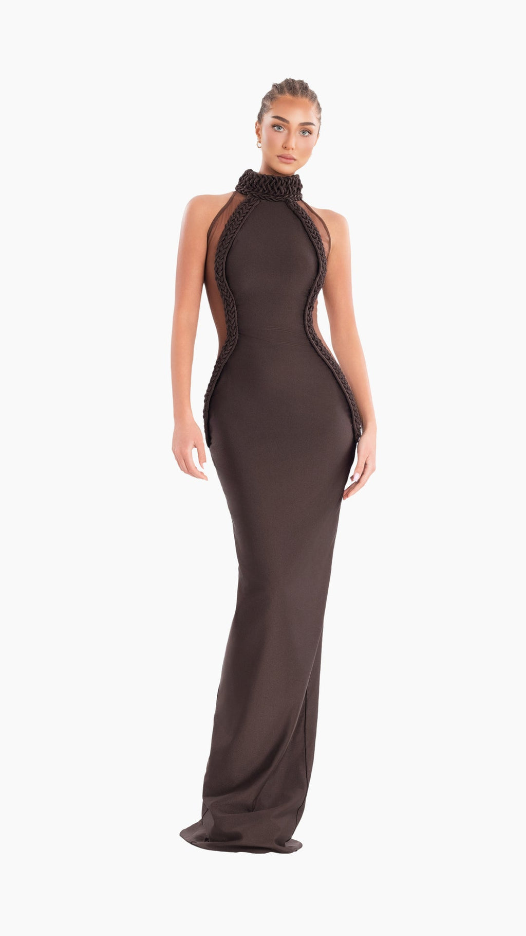 Peach Motel Chocolate Sculpted Halter Gown – Braided Detail & Hourglass Silhouette