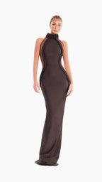 Peach Motel Chocolate Sculpted Halter Gown – Braided Detail & Hourglass Silhouette