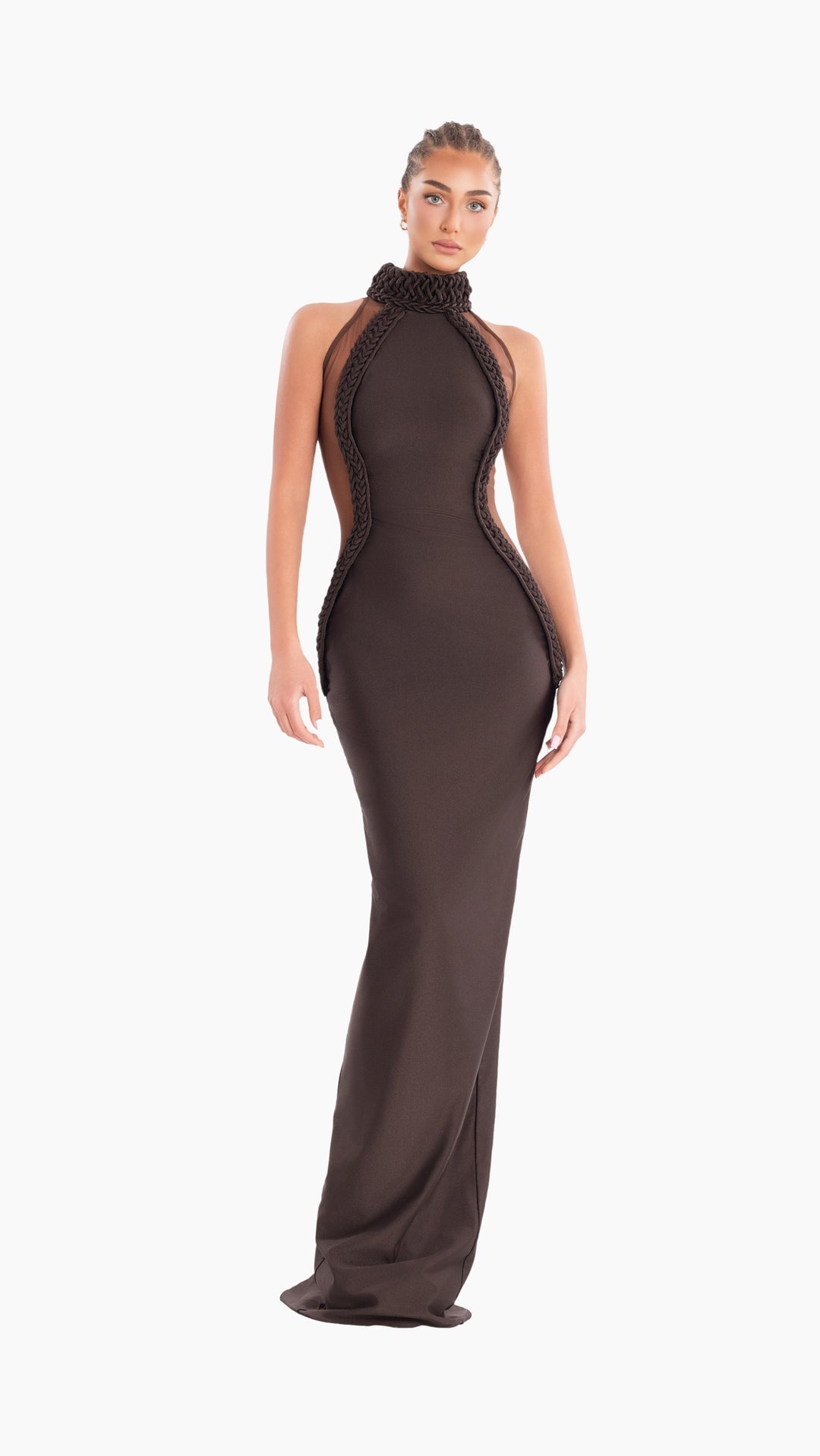 Peach Motel Chocolate Sculpted Halter Gown – Braided Detail & Hourglass Silhouette