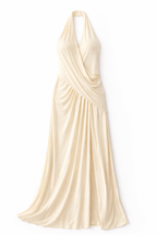 Beige halter neck gown on a white background