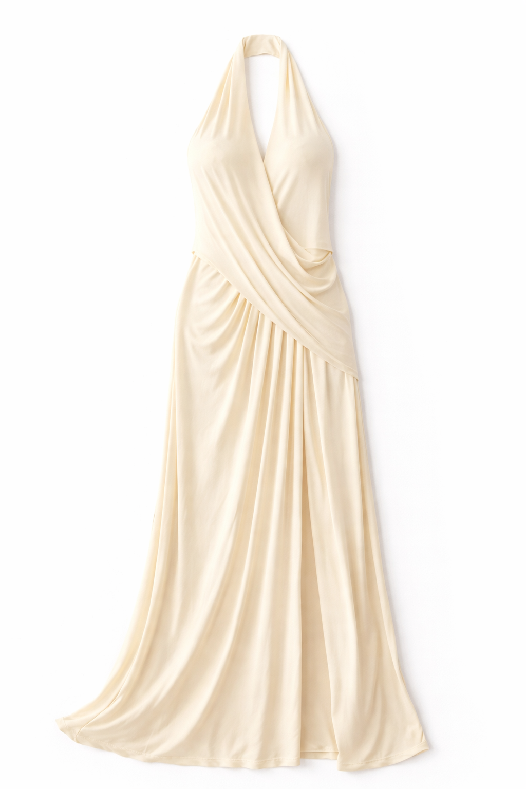 Beige halter neck gown on a white background