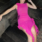 Hot Pink Asymmetrical Sheer Mesh Party Dress – Peach Motel