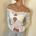White Lace Off Shoulder Long Sleeve Top with Front Knot Cutout