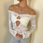 White Lace Off Shoulder Long Sleeve Top with Front Knot Cutout