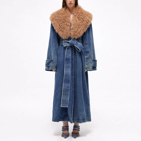 Women’s Long Denim Coat with Oversized Faux Fur Collar – Luxe 2025 Outerwear