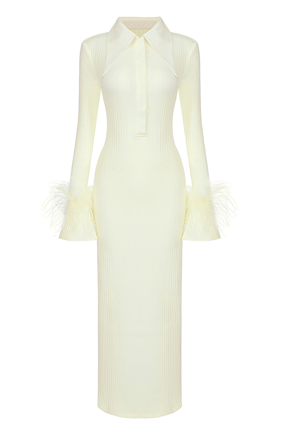 Luxury Ribbed Midi Dress with Feather Cuffs – Peach Motel