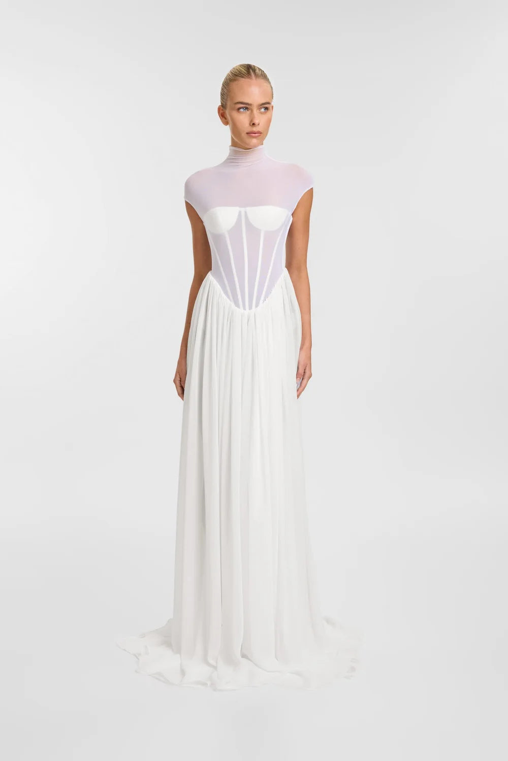 White Illusion Corset Maxi Dress – High Neck Sheer Bodice & Flowing Skirt | Peach Motel