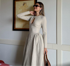 Black & Tan Brown Long-Sleeve Keyhole Midi Dress – Chic Day-to-Night Elegance | Peach Motel