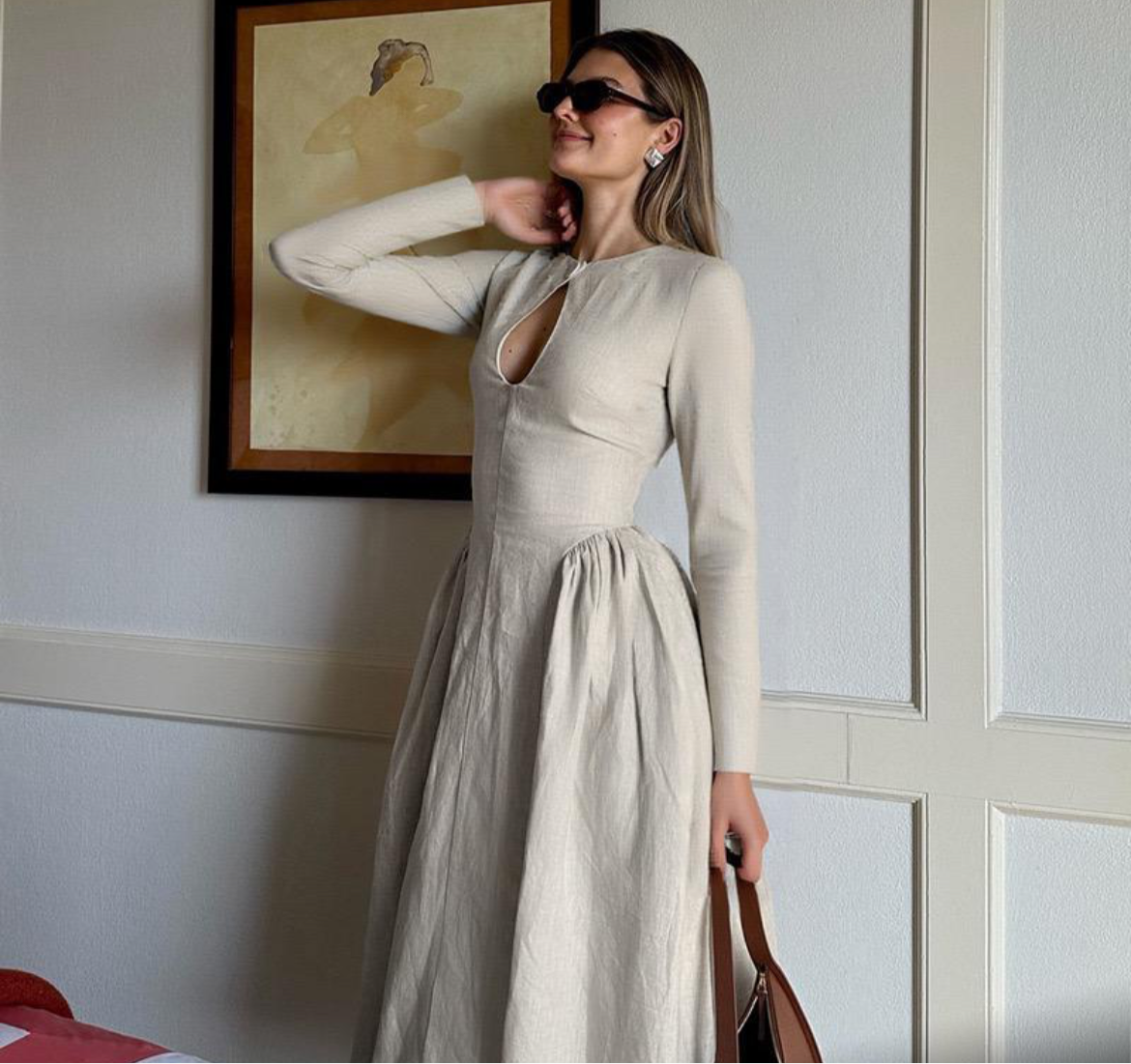 Black & Tan Brown Long-Sleeve Keyhole Midi Dress – Chic Day-to-Night Elegance | Peach Motel