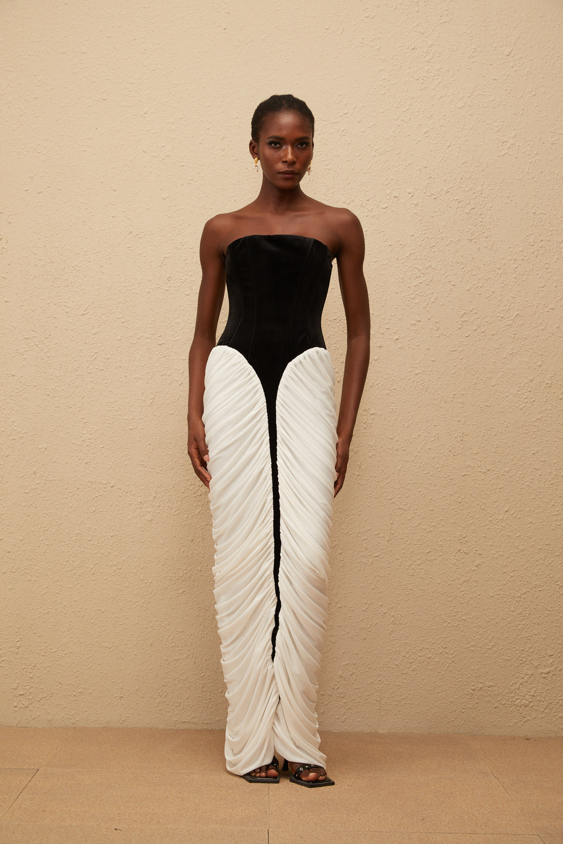 Strapless Black and White Corset Maxi Dress