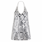 Silver Mirror Chainmail Mini Dress – Sheer Metallic Disc Halter Dress – Backless Sequin Party Dress