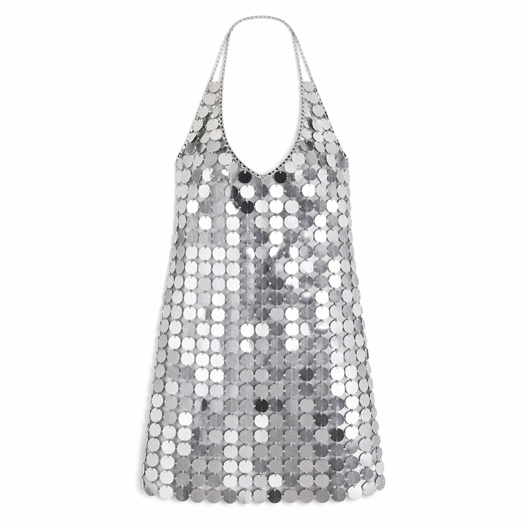Silver Mirror Chainmail Mini Dress – Sheer Metallic Disc Halter Dress – Backless Sequin Party Dress
