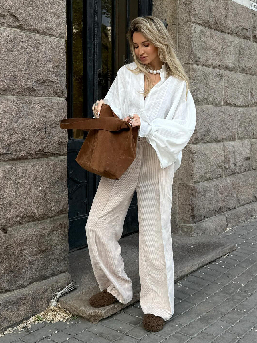 Peach Motel Corduroy Wide-Leg Pants – High-Waisted Neutral Trousers