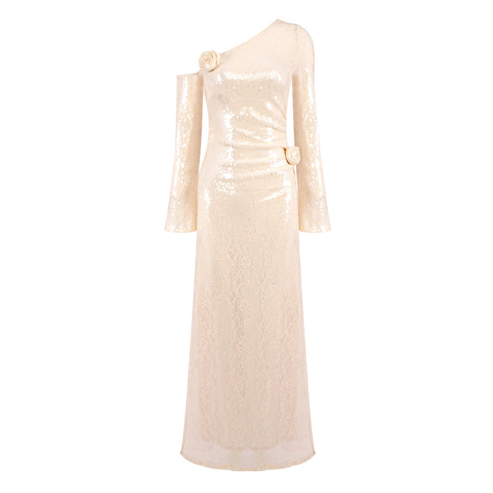 Champagne Sequin One-Shoulder Gown – Peach Motel Luxe Evening Dress