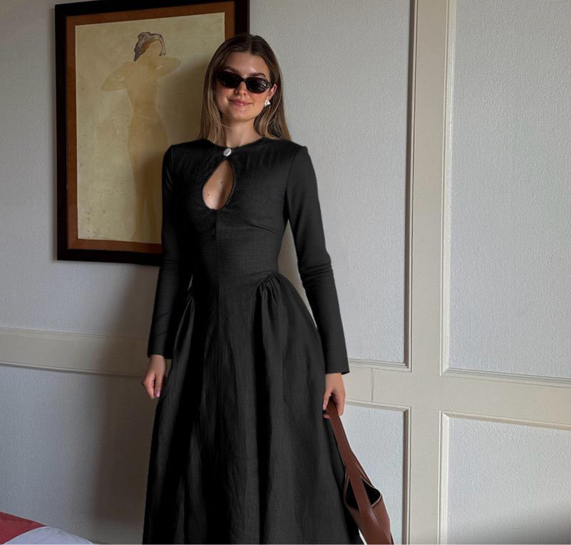 Black & Tan Brown Long-Sleeve Keyhole Midi Dress – Chic Day-to-Night Elegance | Peach Motel
