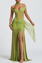 Green Off-Shoulder Mesh Ruched Maxi Dress with High Slit – Peach Motel