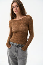 Brown Sheer Lace Long Sleeve Top – Chic See-Through Mesh Blouse