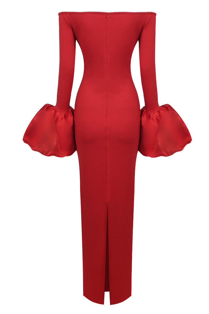 Luxury Off-Shoulder Red Gown with Statement Cuffs | Peach Motel