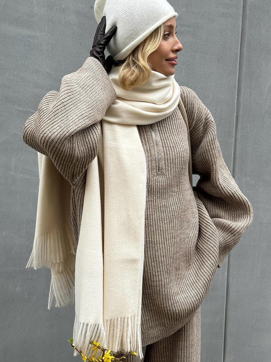 Cozy Ribbed Knit Loungewear Set – Wide Leg Pants & Half-Zip Sweater