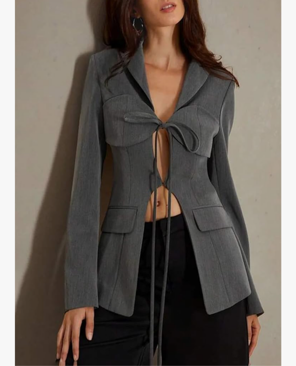 Women’s Gray Tie-Front Cropped Blazer with Cut-Out Detail – Modern 2025 Power Dressing