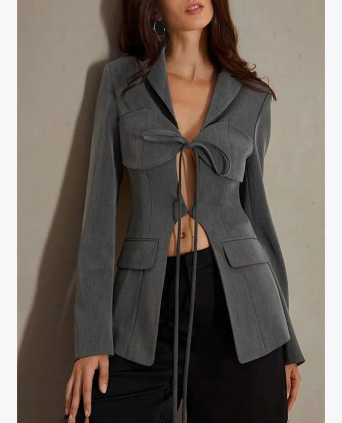Women’s Gray Tie-Front Cropped Blazer with Cut-Out Detail – Modern 2025 Power Dressing