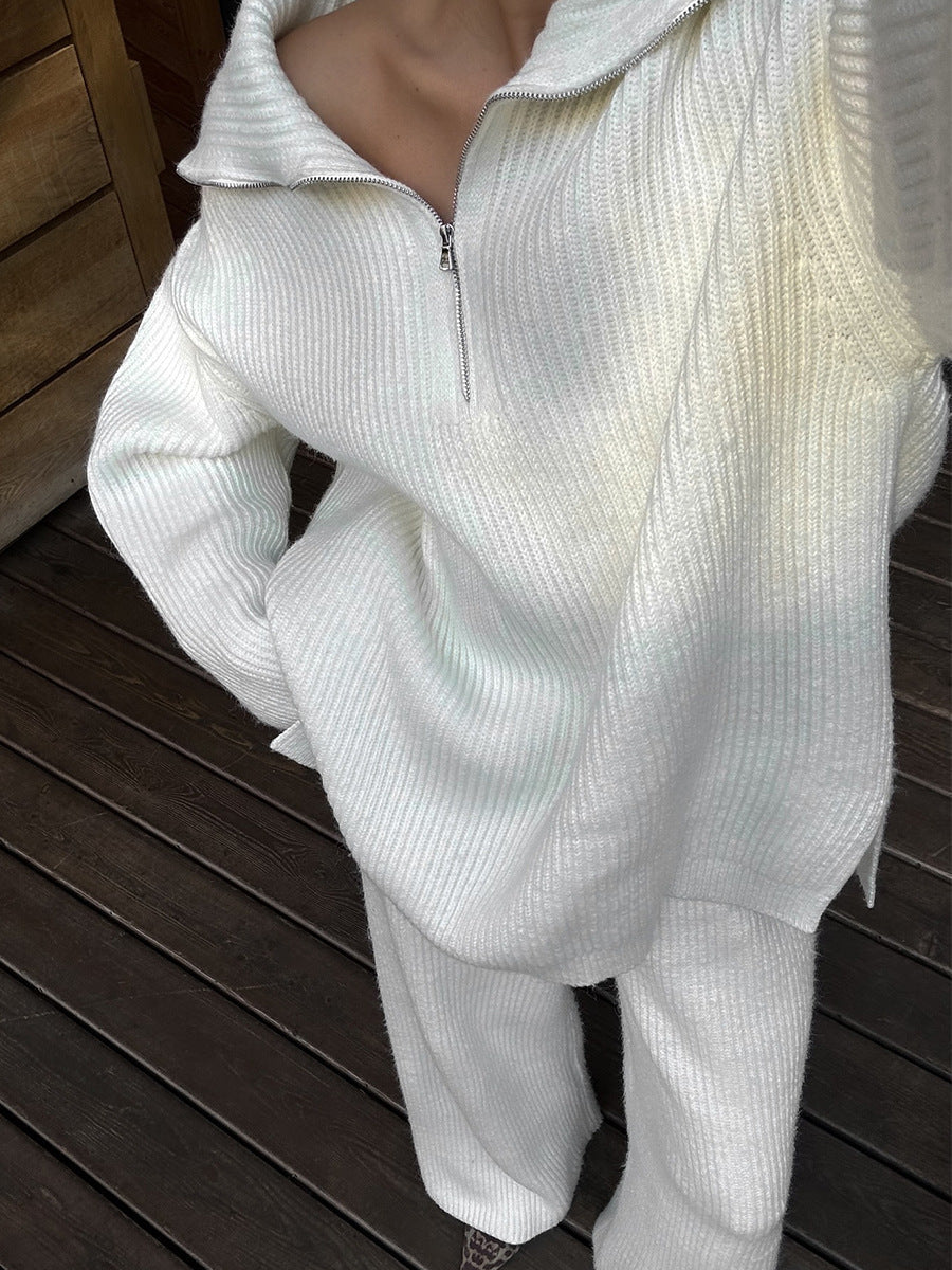 Cozy Ribbed Knit Loungewear Set – Wide Leg Pants & Half-Zip Sweater