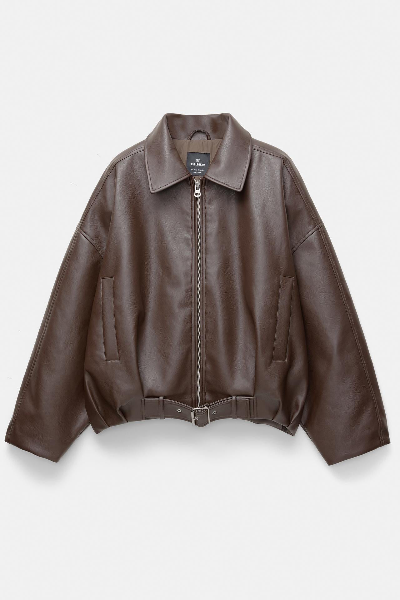 Peach Motel Oversized Belted Faux Leather Jacket – Brown