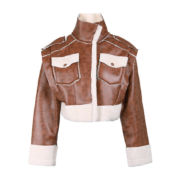 Cropped Brown Faux Leather Shearling Jacket – Peach Motel Outerwear