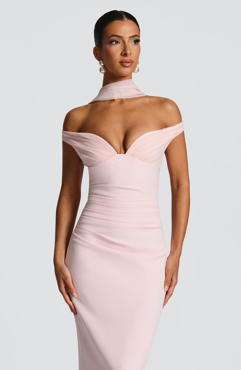 Blush Pink Off-Shoulder Scarf Maxi Dress