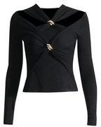 Women’s Black Long-Sleeve Top with Gold-Tone Twist Detail – Elegant 2025 Evening Wear