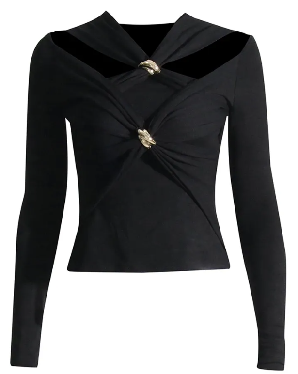 Women’s Black Long-Sleeve Top with Gold-Tone Twist Detail – Elegant 2025 Evening Wear