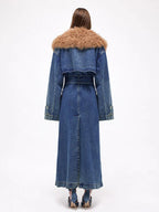 Women’s Long Denim Coat with Oversized Faux Fur Collar – Luxe 2025 Outerwear
