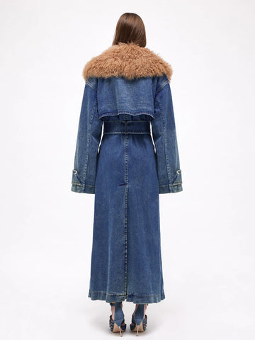 Women’s Long Denim Coat with Oversized Faux Fur Collar – Luxe 2025 Outerwear