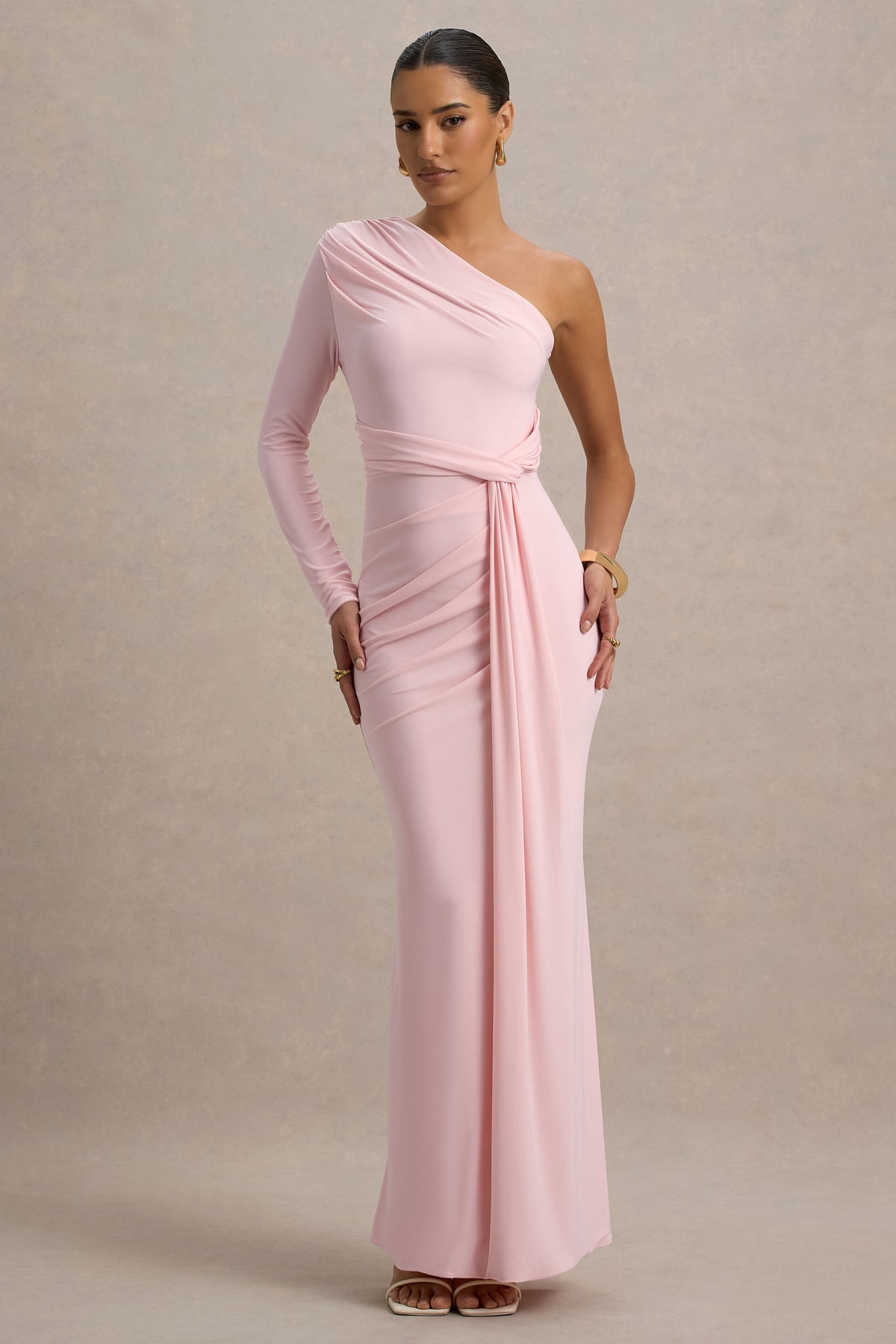 Blush One-Shoulder Draped Maxi Gown | Peach Motel