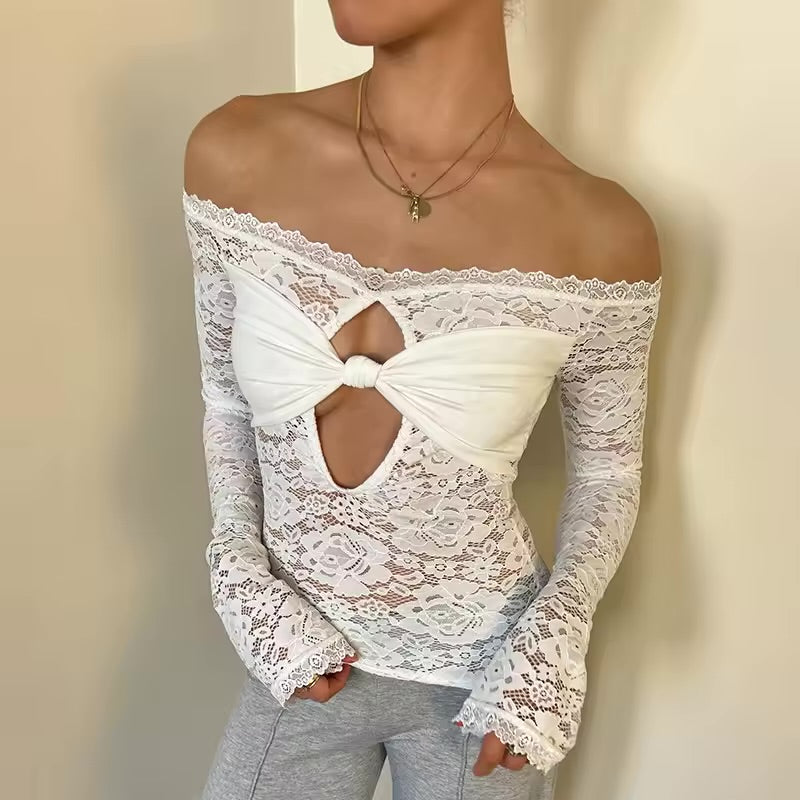 White Lace Off Shoulder Long Sleeve Top with Front Knot Cutout