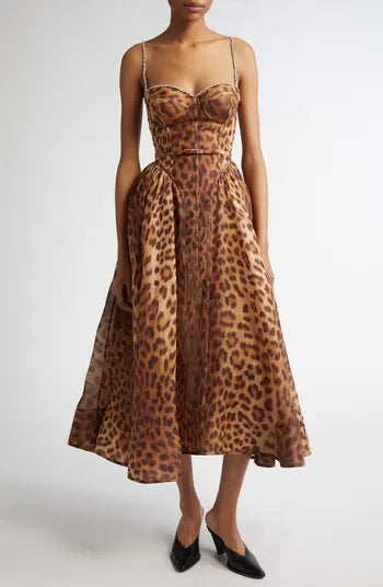 Fierce & Flawless Leopard Corset Midi Dress – Peach Motel