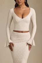 Luxe Lace Two-Piece Set – Elegant Long Sleeve Crop Top & Maxi Skirt