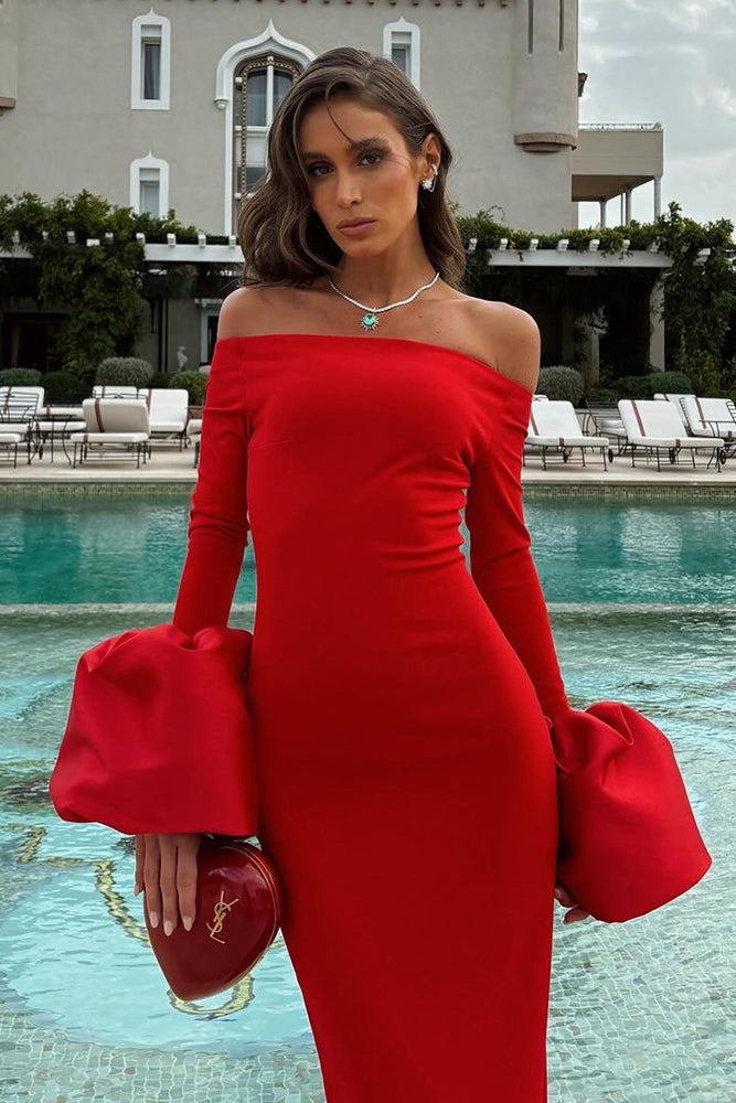 Luxury Off-Shoulder Red Gown with Statement Cuffs | Peach Motel