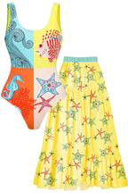 Ocean Bloom One-Piece Swimsuit & Starfish Maxi Skirt Set – Vibrant Coastal Resortwear by Peach Motel